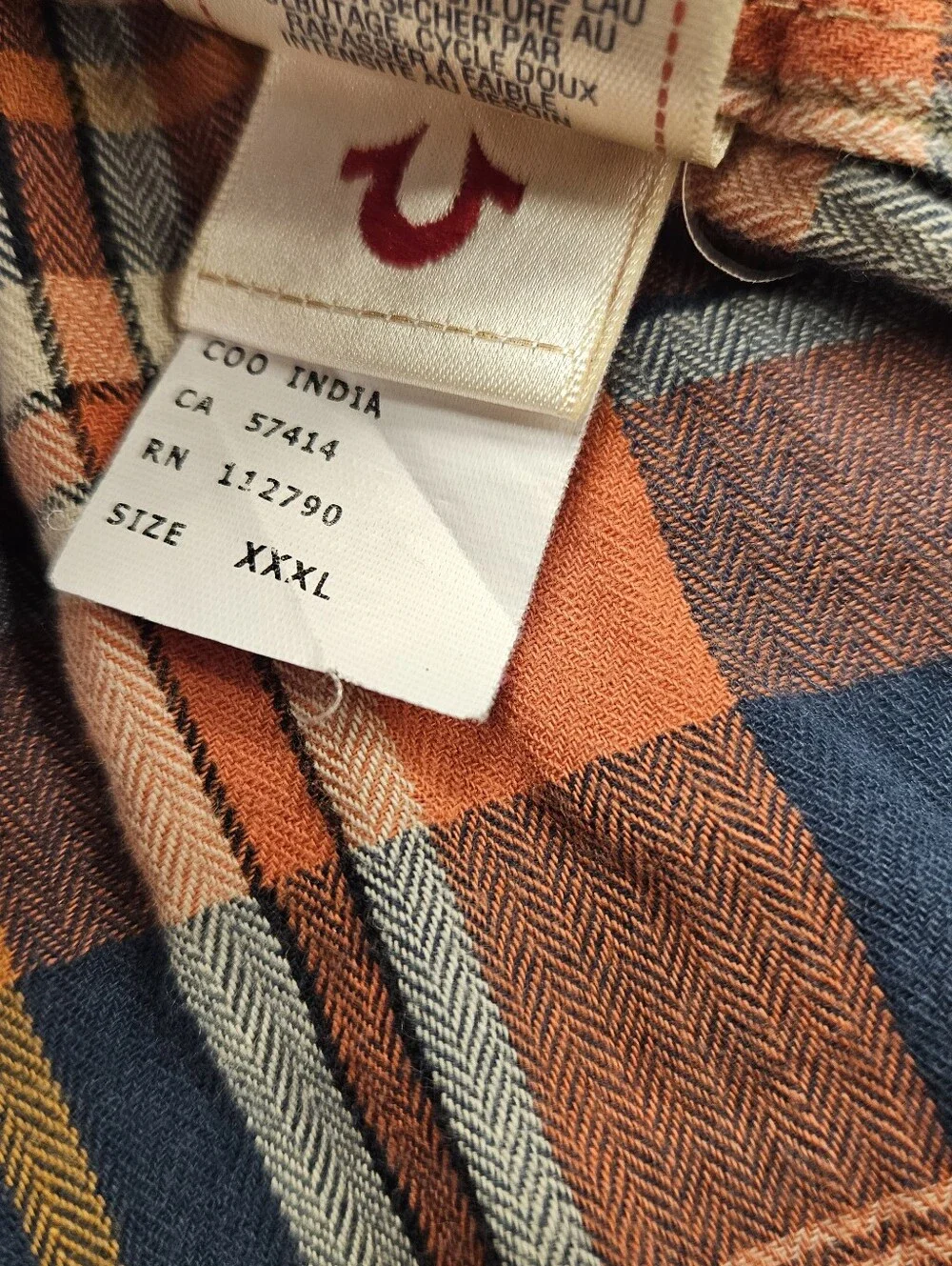 True Religion Long Sleeve Plaid Pearl Snap Western orange & navy blue plaid 3XL
